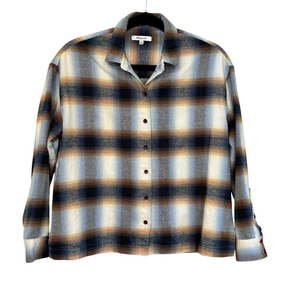 MADEWELL Westlake Shirt SZ XS Cream Blue Rust Plaid Cotton Flannel Button Down